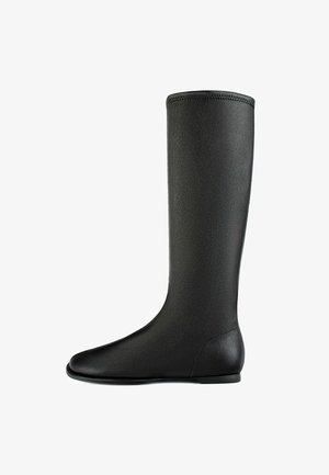 Knee-high black rubber boot with a smooth texture, rounded toe, and minimalistic design. Features a subtle seam along the upper edge.
