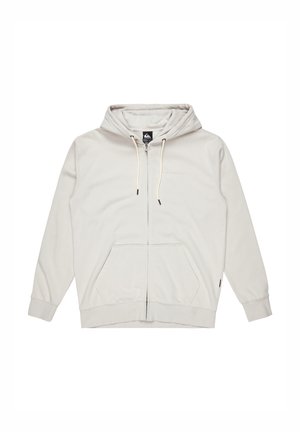 Hoodie zippé gris clair en tissu doux. Il dispose d'une poche avant, d'une capuche à cordon et de poignets côtelés. Pas de logos ni de motifs visibles.