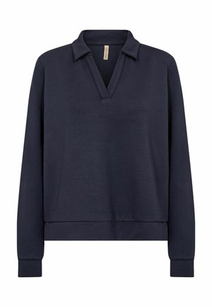 Marineblauwe pullover met lange mouwen en een V-hals, met een ontspannen pasvorm en geribde manchetten. Gemaakt van zachte stof met een gladde textuur.
