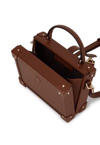 Pruun nahast käekott kuldsete detailidega, struktureeritud disain, lame põhi ja ülemine sang. Interjöör paljastab avara sektsiooni.