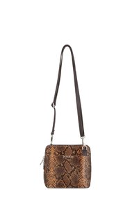 Borsa a tracolla con motivo a serpente marrone, forma rettangolare, in similpelle testurizzata, con tracolla regolabile e dettagli in metallo argentato.