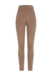 Leggings marron en matériau extensible, dotés d'une taille haute et d'une finition lisse. Conçus pour un ajustement près du corps sur l'ensemble des jambes.