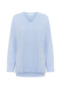 Helles blaues V-Ausschnitt-Pullover-Sweatshirt mit überschnittenen Schultern, langen Ärmeln und einem leicht längeren Rückensaum. Weicher Stoff und entspannte Passform.