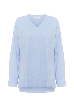 Helles blaues V-Ausschnitt-Pullover-Sweatshirt mit überschnittenen Schultern, langen Ärmeln und einem leicht längeren Rückensaum. Weicher Stoff und entspannte Passform.