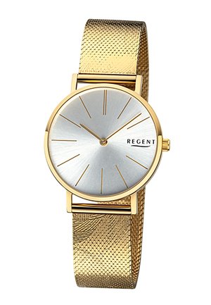Montre en or avec un cadran argenté, design minimaliste, bracelet doré texturé et marqueurs horaires droits. Nom de la marque "REGENT" affiché sur le cadran.
