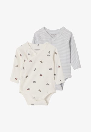 Two long-sleeve baby bodysuits, one white with small colorful vehicle prints, one light gray with thin white stripes, both with side snap closures.