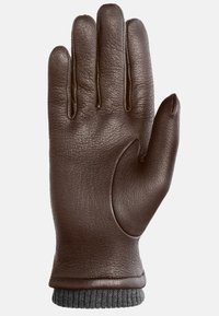 Brun læderhandske med fire fingre og en tommelfinger, der har en ribbet grå strikket manchette og teksturerede overfladedetaljer.