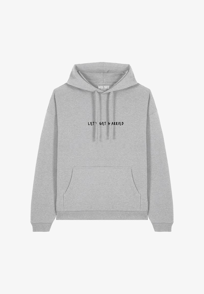 Szara bluza z kapturem z kieszenią kangurką, z czarnym nadrukiem na przodzie "POBIERZMY SIĘ". Miękka tkanina z mieszanki bawełny i poliestru.