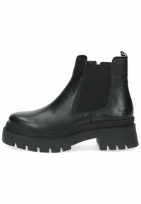 Black leather ankle boots with elastic side panels, round toe, and thick outsole with a rugged texture. Features a pull tab at the back.
