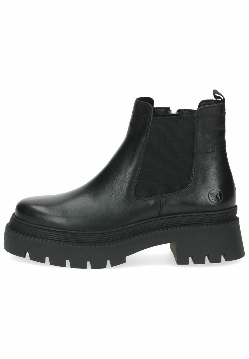 Black leather ankle boots with elastic side panels, round toe, and thick outsole with a rugged texture. Features a pull tab at the back.
