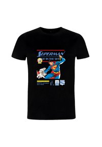 Černé bavlněné tričko s barevným motivem Supermana, na kterém je zobrazen s Krypto psem a textem "Superman Up in the Sky."