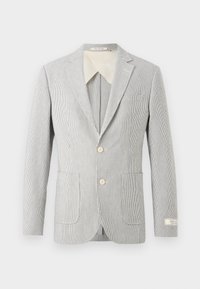 Blazer pour homme gris clair à fines rayures blanches, col à revers cranté, deux poches avant, deux boutons et doublure intérieure du col de couleur crème.