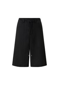 Černé šortky vyrobené z látky s hladkým povrchem. Mají stahovací pás, dvě přední kapsy a rovný design širokých nohavic.