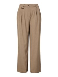 Μπεζ, πλισέ παντελόνι από υφασμάτινη υφή. Διαθέτει κούμπωμα με κουμπί και πλαϊνές τσέπες, με χαλαρή εφαρμογή και φαρδιά σχεδίαση ποδιού.
