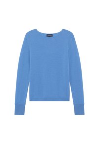 Helleblaue Sweater aus weichem Strickstoff, mit Rundhalsausschnitt, langen Ärmeln und gerippten Bündchen und Saum.