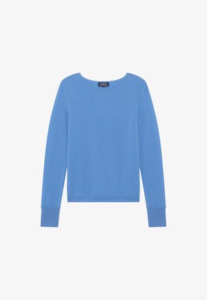 Lichtblauwe trui van zacht breiwerk, met een ronde halslijn, lange mouwen en geribde manchetten en zoom.