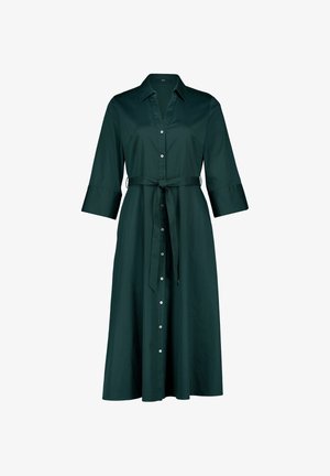 Sötétzöld, gombos midi ruha gallérral, háromnegyedes ujjal és hozzáillő, deréknál megkötött textil övvel.
