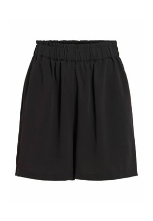 Jupe noire longueur genou avec taille élastique froncée et plis doux, conçue pour un port décontracté ou semi-formel.