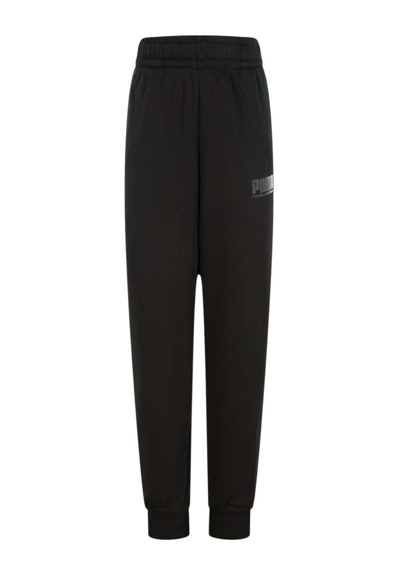 Pantaloni da jogging neri con vita elastica, polsini affusolati e un piccolo logo grigio Puma sulla coscia sinistra. Realizzati in tessuto morbido.