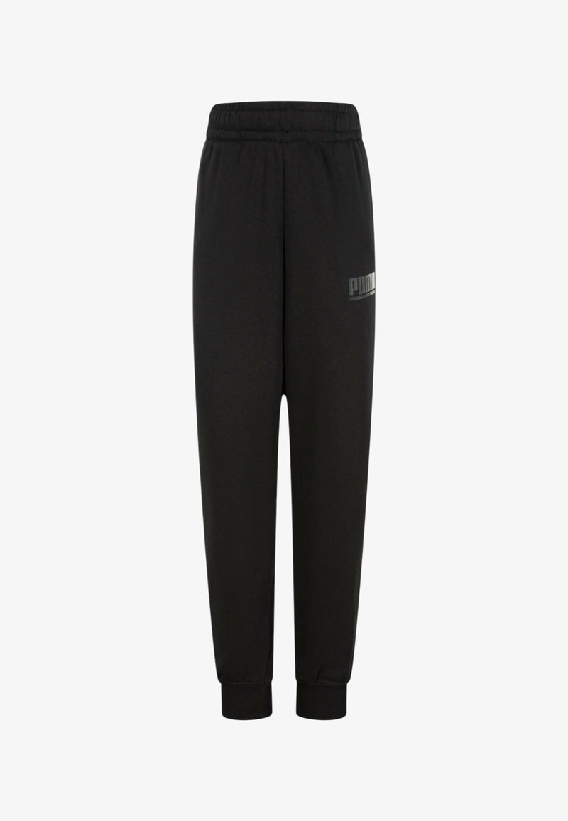 Pantaloni da jogging neri con vita elastica, polsini affusolati e un piccolo logo grigio Puma sulla coscia sinistra. Realizzati in tessuto morbido.