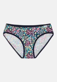 Majtki typu bikini w kwiatowy wzór wykonane z elastycznego materiału; ciemnogranatowe tło z wielokolorowymi kwiatami; elastyczny pas; klasyczny krój.