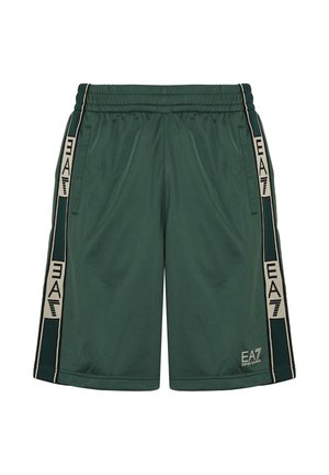 Tmavě zelené atletické šortky s elastickým pasem, bočními kapsami a vertikálními pruhy s logem EA7 Emporio Armani na každé straně.
