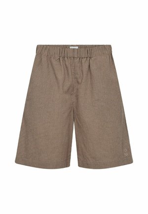 Béžove a čierne kockované voľné šortky s elastickým pásom a malým vyšívaným logom na spodnej ľavej nohe.