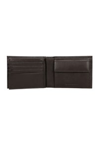 Portafoglio in pelle marrone scuro, design bifold, con multiple fessure per carte e una tasca centrale, dalla superficie liscia e cuciture minimaliste.