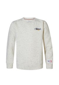 Hellgrauer Sweatshirt aus strukturiertem Stoff mit einem gesprenkelten Muster. Mit Fisch-Stickerei auf der Vorderseite und gerippten Bündchen.