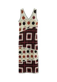 Bunt gehäkeltes Kleid mit V-Ausschnitt, gepunktetem und geometrischem Muster in Weiß, Rot und Schwarz, mit tailliertem Schnitt.