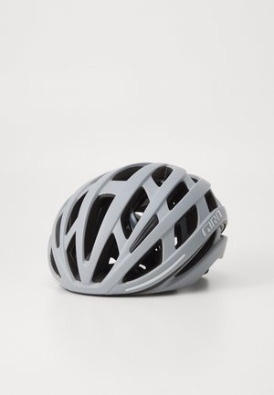 Grauer Fahrradhelm mit aerodynamischem Design, der mehrere Belüftungsöffnungen, eine glatte matte Oberfläche und ein Logo an der Seite zur Markenidentifikation aufweist.