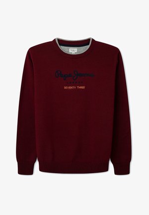 Pull bordeaux avec poignets et ourlet côtelés, arborant un logo brodé bleu marine et orange "Pepe Jeans London Seventy Three" sur le devant.