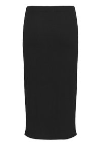 Jupe crayon noire en tissu texturé, design longueur genou et silhouette droite. Équipée d'une fermeture à glissière dissimulée au dos.