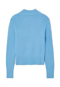 Hellblauer, kurzer Pullover aus weichem, strukturiertem Stoff. Hat einen runden Ausschnitt und gerippte Details am Kragen und Saum.