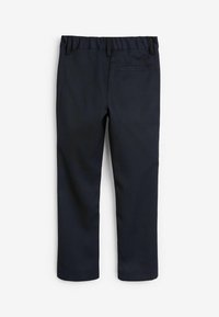 Pantaloni blue navy con una texture liscia, cintura elastica e una tasca posteriore, caratterizzati da gambe dritte e orli puliti.