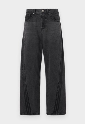 Black denim jeans with wide legs, featuring side stripes in a slightly darker fabric. Two front pockets and metal button closure.