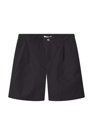 Schwarze Shorts aus einem leichten Stoff, mit einem Knopfverschluss, Seitentaschen und geradem Bein. Einfach und funktional.