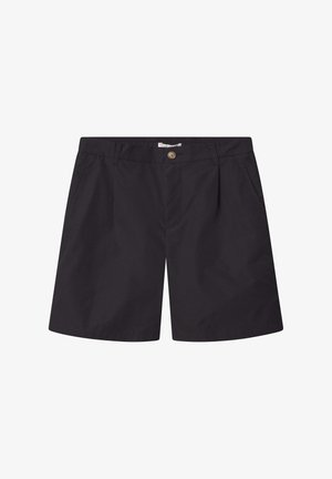 Schwarze Shorts aus einem leichten Stoff, mit einem Knopfverschluss, Seitentaschen und geradem Bein. Einfach und funktional.