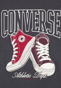 Sarkani un bordo Converse kedu attēli ar baltām šņorēm un gumijas zolēm uz tumši pelēka fona. Virs tiem ir izcili redzams teksts "CONVERSE sporta departaments".