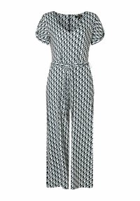 Patronen jumpsuit in navy blauw en wit. Mouwen met cap sleeves, V-hals, taille met riem, wijde pijpen en geometrische print overal. Zachte stofstructuur.