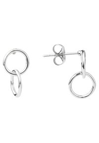 Orecchini a perno in argento con due anelli circolari intrecciati, finitura liscia e lucida. Design semplice con chiusura a perno sicura.