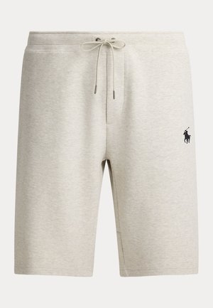 Lysegrå bomuldsshorts med snøre i taljen, sidelommer og en sort broderet hestelog på venstre ben.