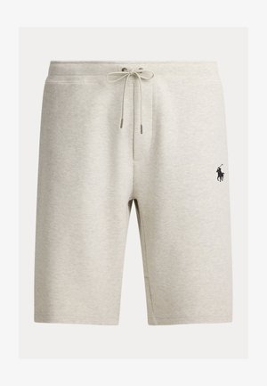 Pantalones cortos de algodón gris claro con cintura ajustable con cordón, bolsillos laterales y un logotipo de caballo bordado en negro en la pierna izquierda.