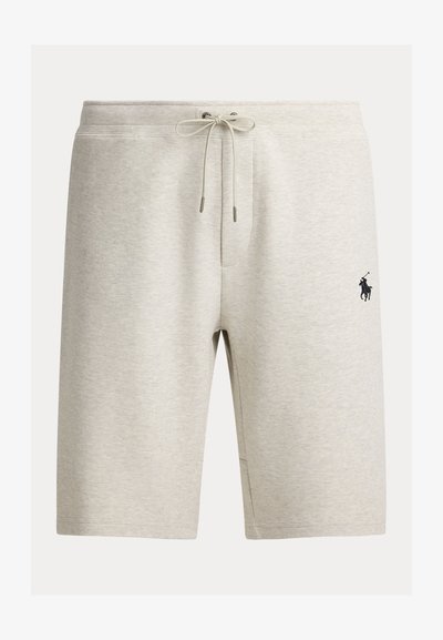 Light gray cotton shorts with drawstring waistband, side pockets, and a black embroidered horse logo on the left leg.