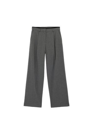 Grijze wijde broek met plooien, gemaakt van een gestructureerde stof. Heeft een platte taillestraat en een ontspannen pasvorm. Geschikt voor formele of casual gelegenheden.