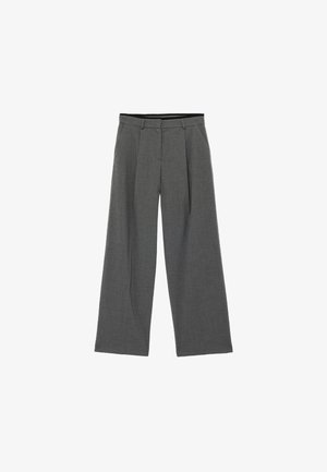 Grijze wijde broek met plooien, gemaakt van een gestructureerde stof. Heeft een platte taillestraat en een ontspannen pasvorm. Geschikt voor formele of casual gelegenheden.