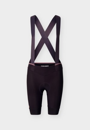 Pantaloncini da ciclismo neri con area seduta imbottita e ampie bretelle che si incrociano sulla schiena, progettati per uso atletico.