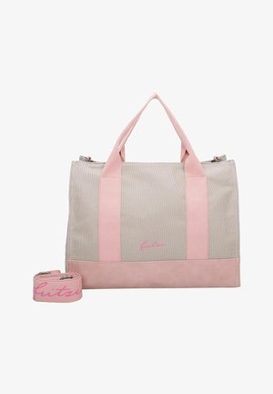 Light gray tote bag with pink straps and bottom accent. Features a zipper closure and includes a matching adjustable strap.