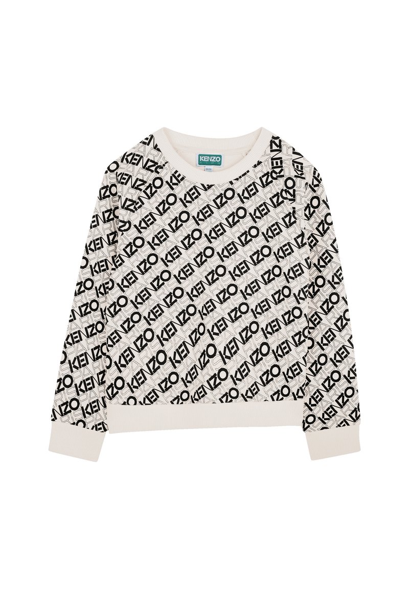 Sweatshirt blanc avec motif logo Kenzo noir, poignets et ourlet côtelés, design col rond, texture de tissu douce, style décontracté.