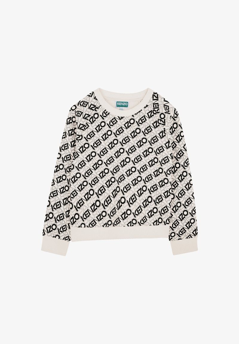Sweatshirt blanc avec motif logo Kenzo noir, poignets et ourlet côtelés, design col rond, texture de tissu douce, style décontracté.